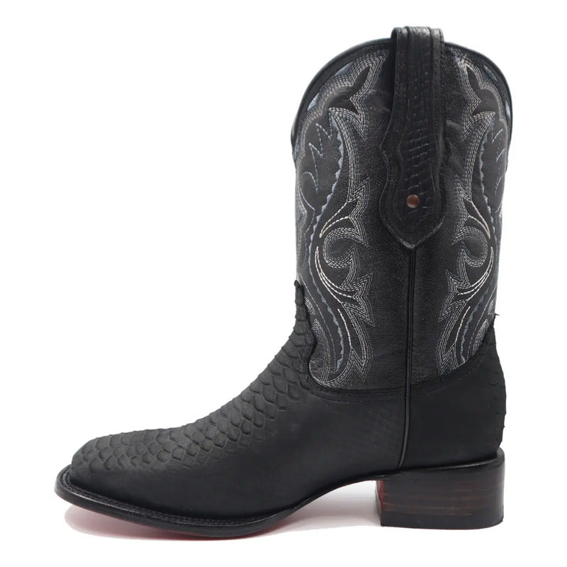 Botas Vaqueras Hombre Bulldog Piel Nobuck Grabado Pitón Negro 30 Mx