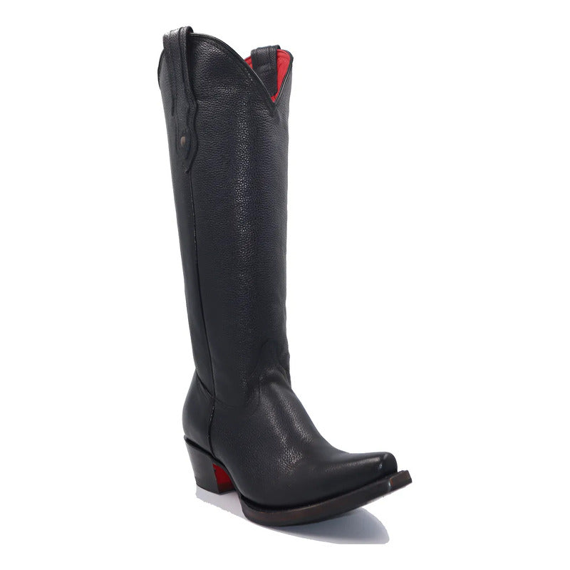 Bota Vaquera Alta Para Dama De Piel Genuina Color Negro