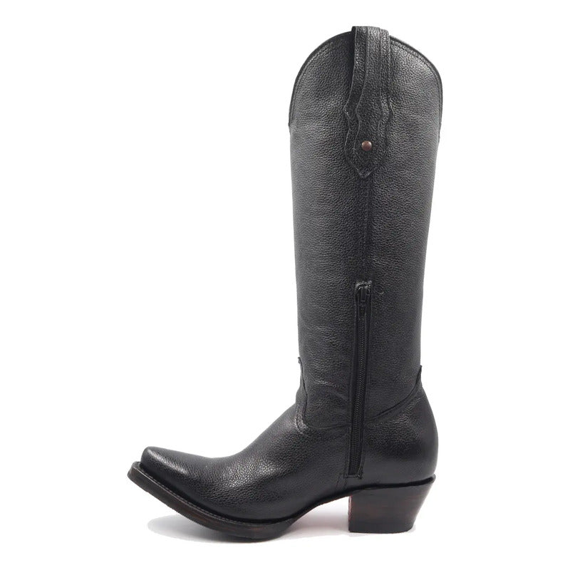 Bota Vaquera Alta Para Dama De Piel Genuina Color Negro